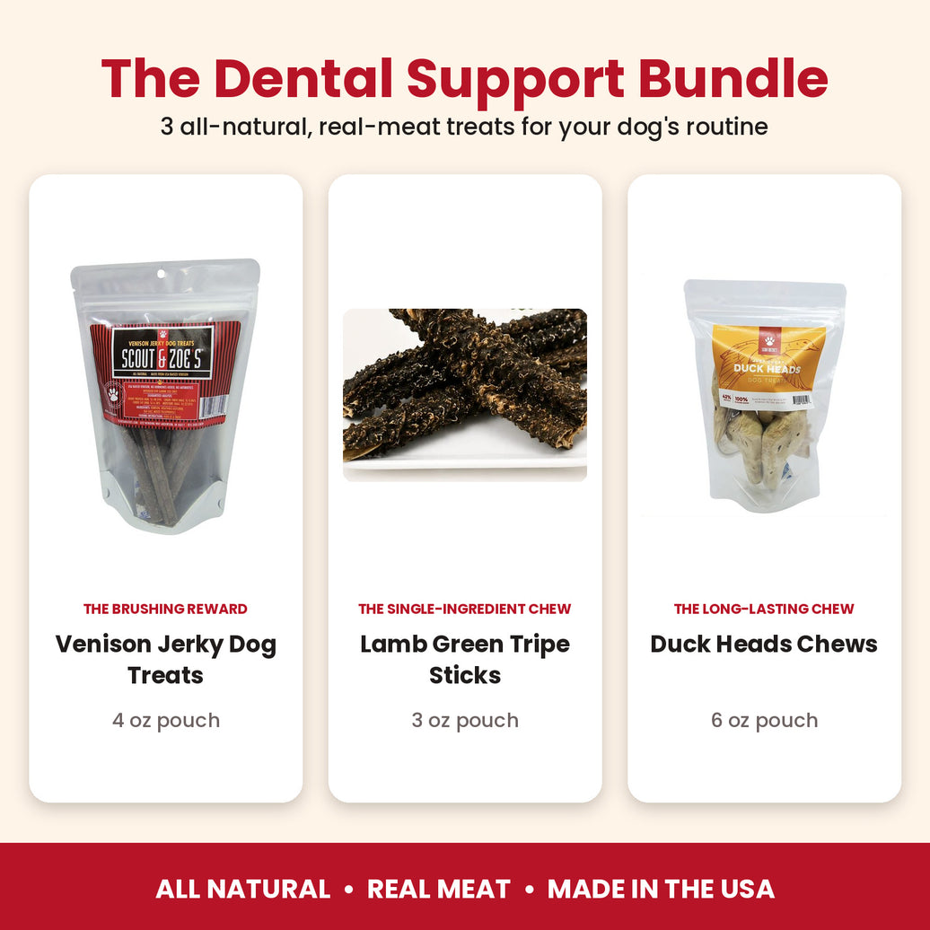 Dental Support Bundle for Dogs: 3 All-Natural Treats (Venison, Lamb Tripe & Duck)