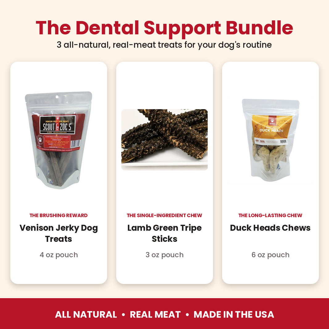 Dental Support Bundle for Dogs: 3 All-Natural Treats (Venison, Lamb Tripe & Duck)