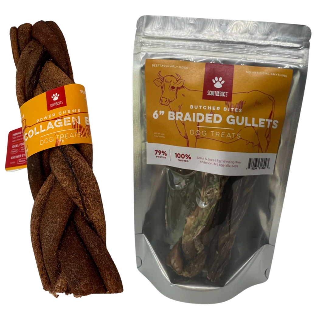 The image shows two packaged dog treats. On the left is a braided collagen chew, and on the right is a braided gullet chew, both branded as Chew Zilla.