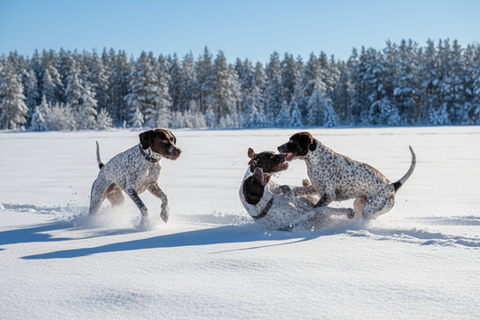Three German Shorthaired Pointer dogs playing in the snow