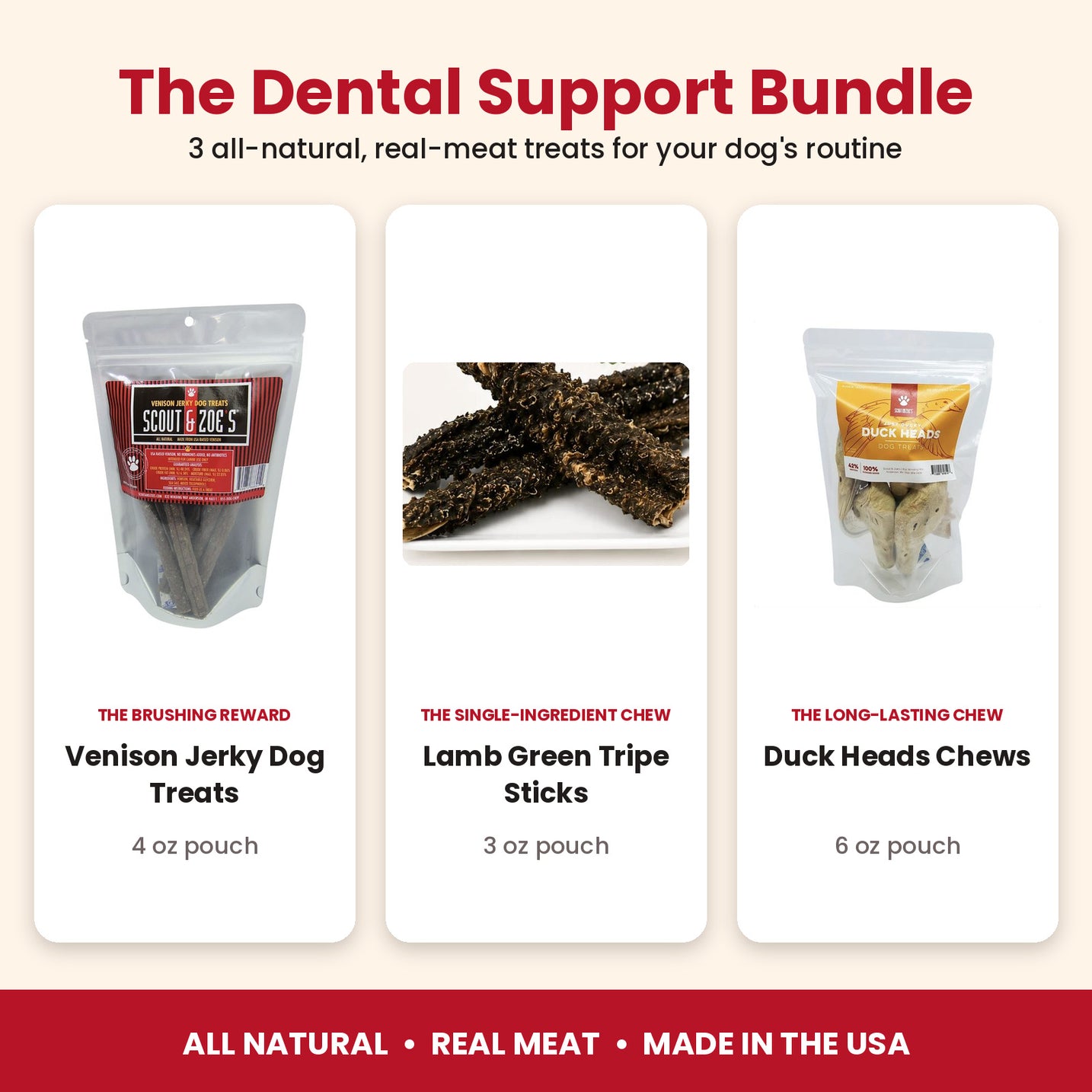 Dental Support Bundle for Dogs: 3 All-Natural Treats (Venison, Lamb Tripe & Duck)