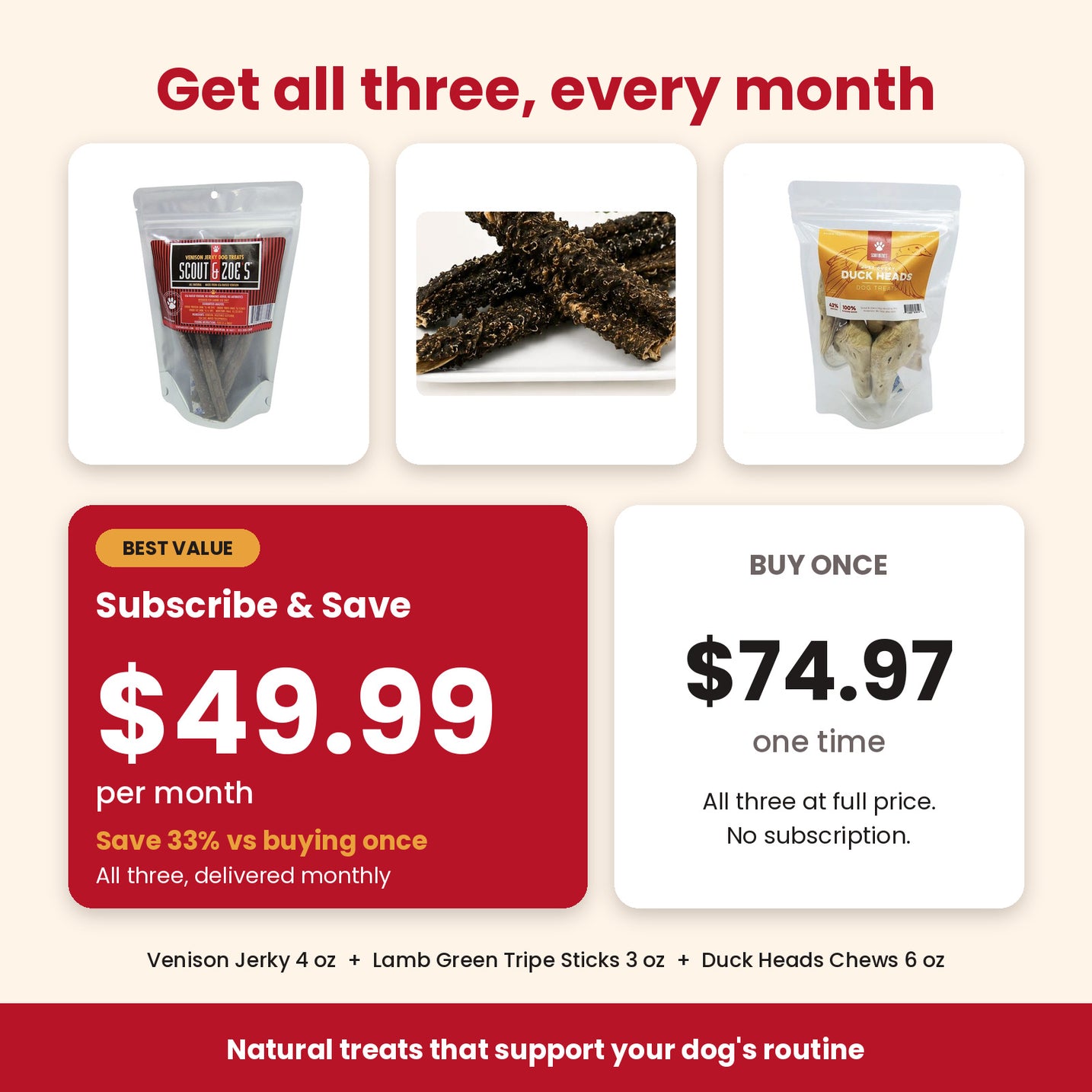 Dental Support Bundle for Dogs: 3 All-Natural Treats (Venison, Lamb Tripe & Duck)