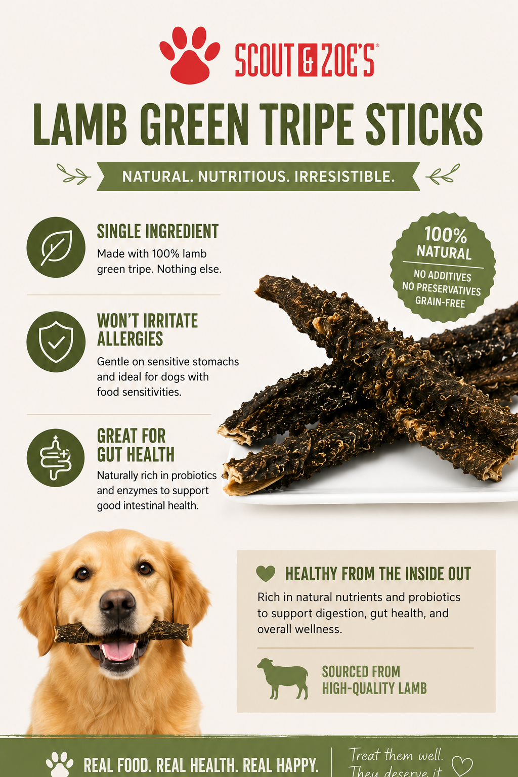 Lamb Green Tripe Sticks for Dogs - Dehydrated - 3 oz Package