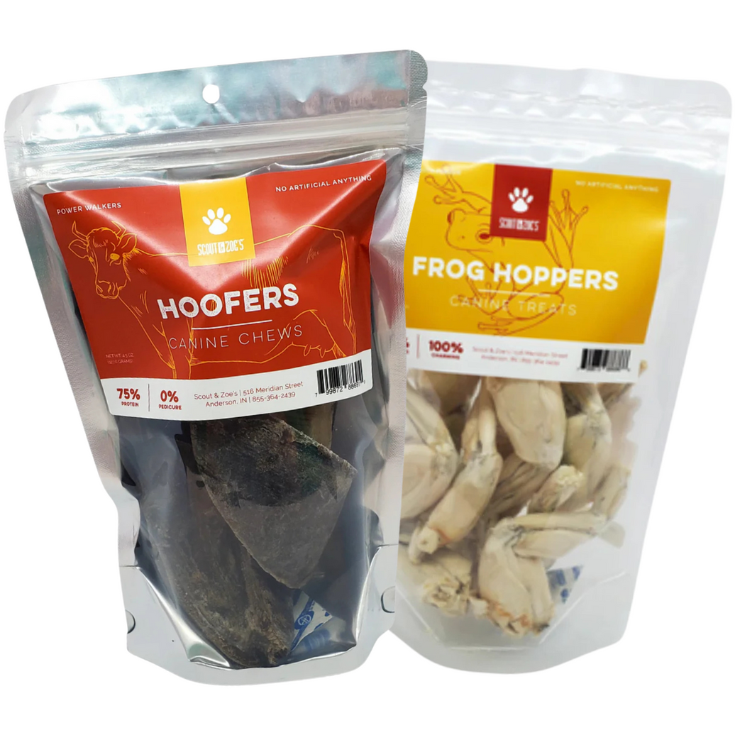 Two packages of dog treats, one labeled 'Hoofers' with images of cow hooves and another labeled 'Frog Hoppers' with images of frog legs.