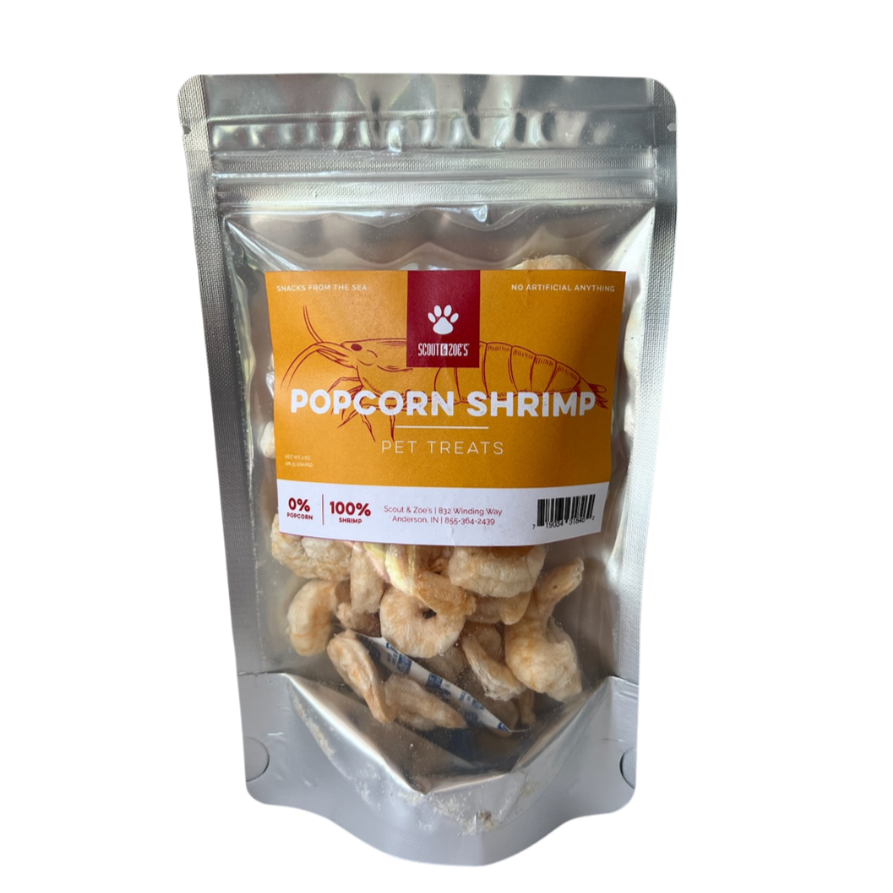 Popcorn Shrimp Treats for Dogs and Cats - Freeze Dried - 1 oz Pouch